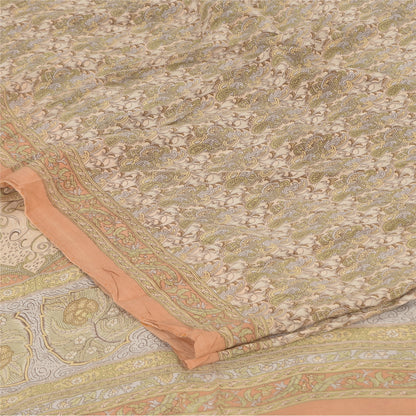 Sanskriti Vintage Sarees Ivory Pure Crepe Silk Printed Sari 6+yd Craft Fabric