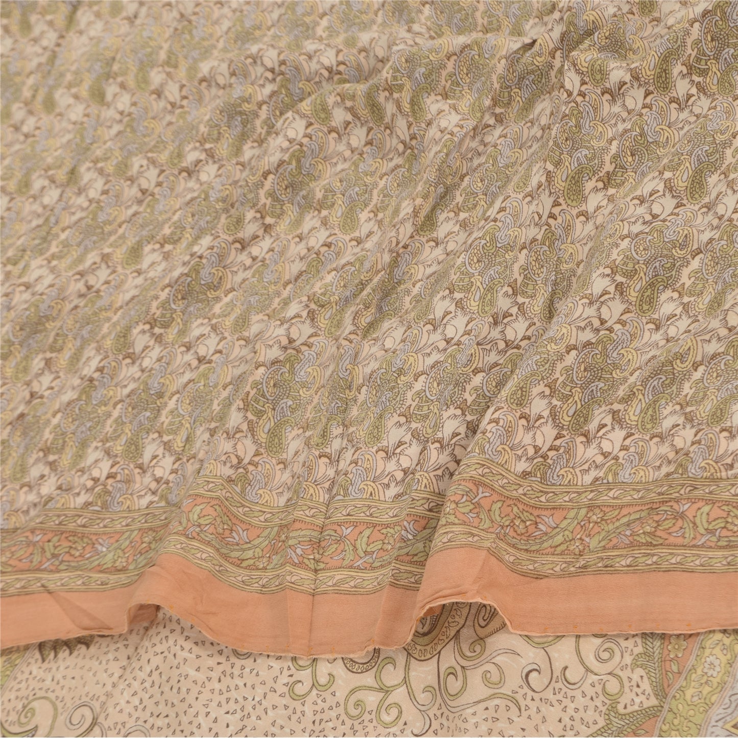 Sanskriti Vintage Sarees Ivory Pure Crepe Silk Printed Sari 6+yd Craft Fabric