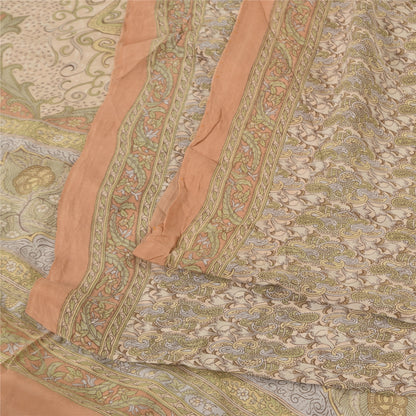 Sanskriti Vintage Sarees Ivory Pure Crepe Silk Printed Sari 6+yd Craft Fabric