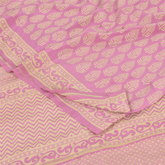 Sanskriti Vintage Sarees Pink Pure Crepe Block Printed Sari 6+yd Craft Fabric