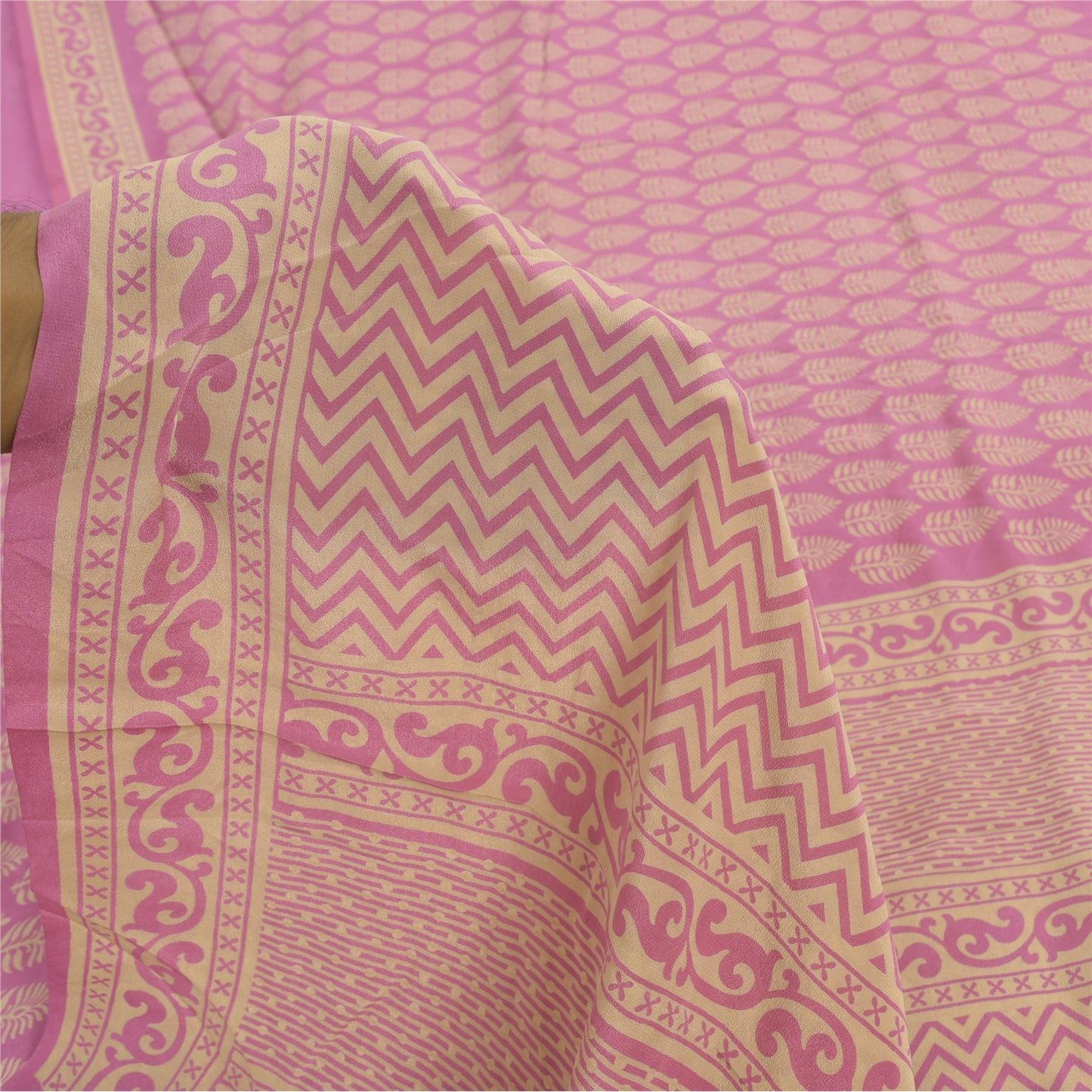 Sanskriti Vintage Sarees Pink Pure Crepe Block Printed Sari 6+yd Craft Fabric