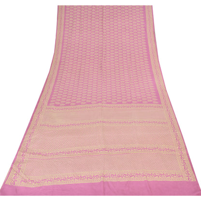 Sanskriti Vintage Sarees Pink Pure Crepe Block Printed Sari 6+yd Craft Fabric