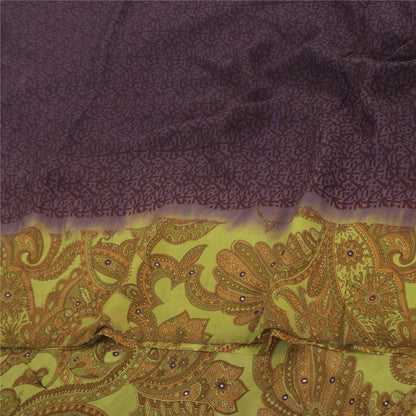 Sanskriti Vintage Sarees Purple/Green Pure Crepe Printed Sari 5+yd Craft Fabric