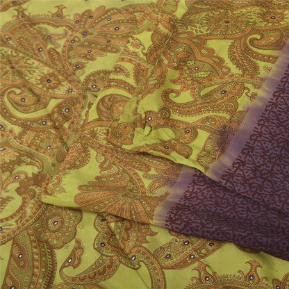 Sanskriti Vintage Sarees Purple/Green Pure Crepe Printed Sari 5+yd Craft Fabric