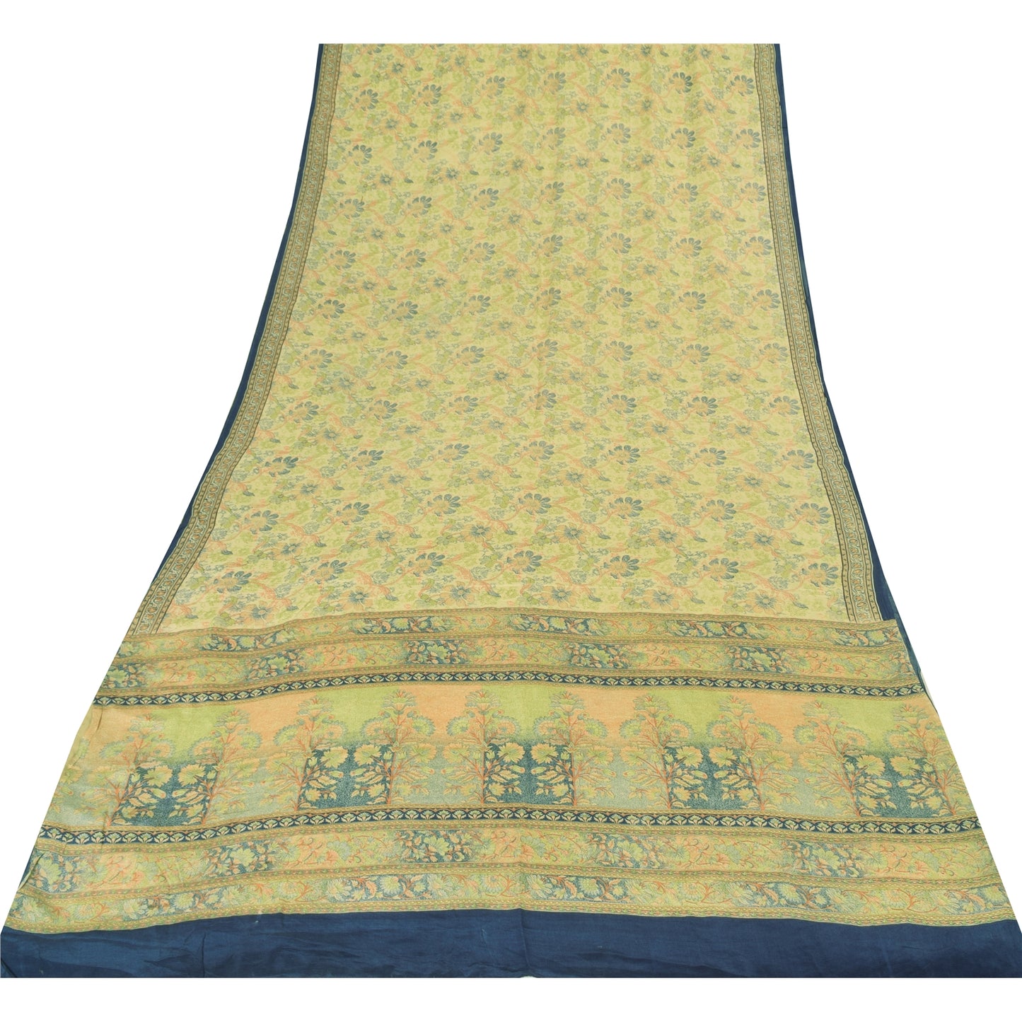 Sanskriti Vintage Sarees Light Green Pure Crepe Printed Sari 5+yd Craft Fabric