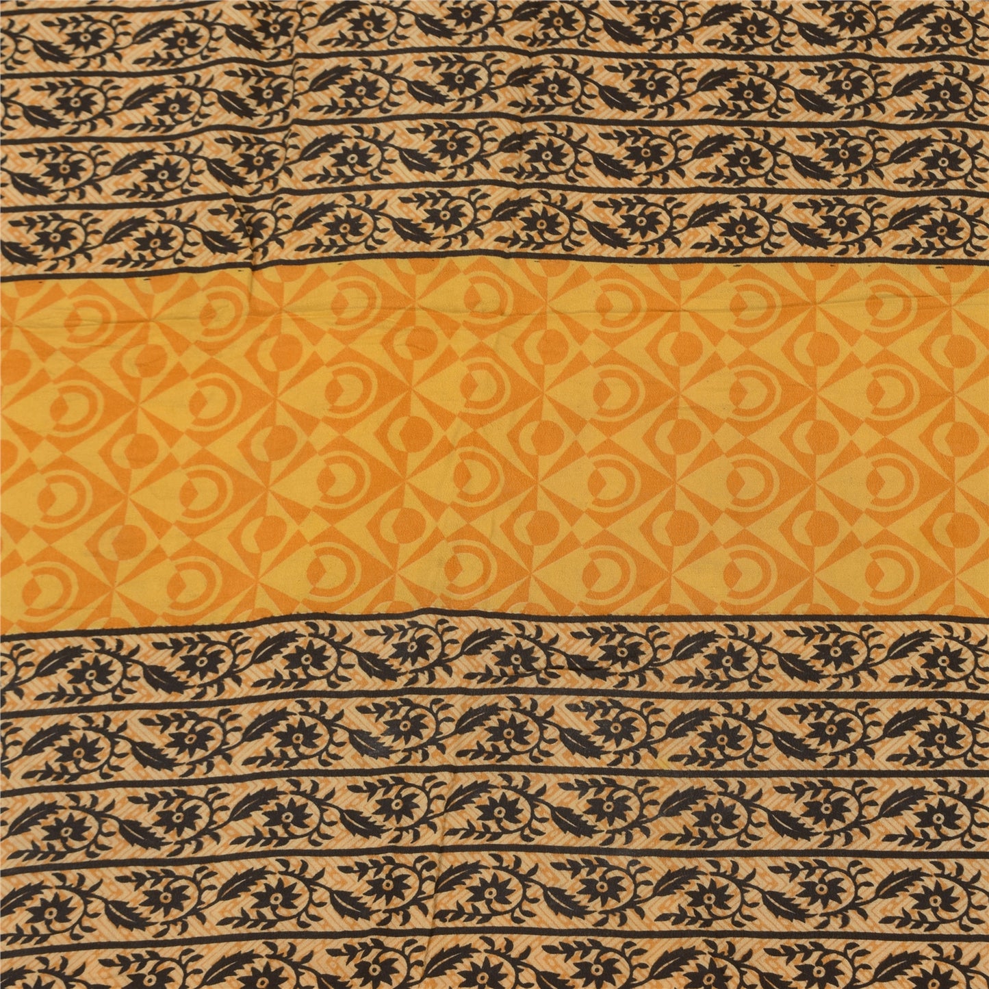 Sanskriti Vintage Sarees Yellow Pure Crepe Silk Printed Sari 5+yd Craft Fabric