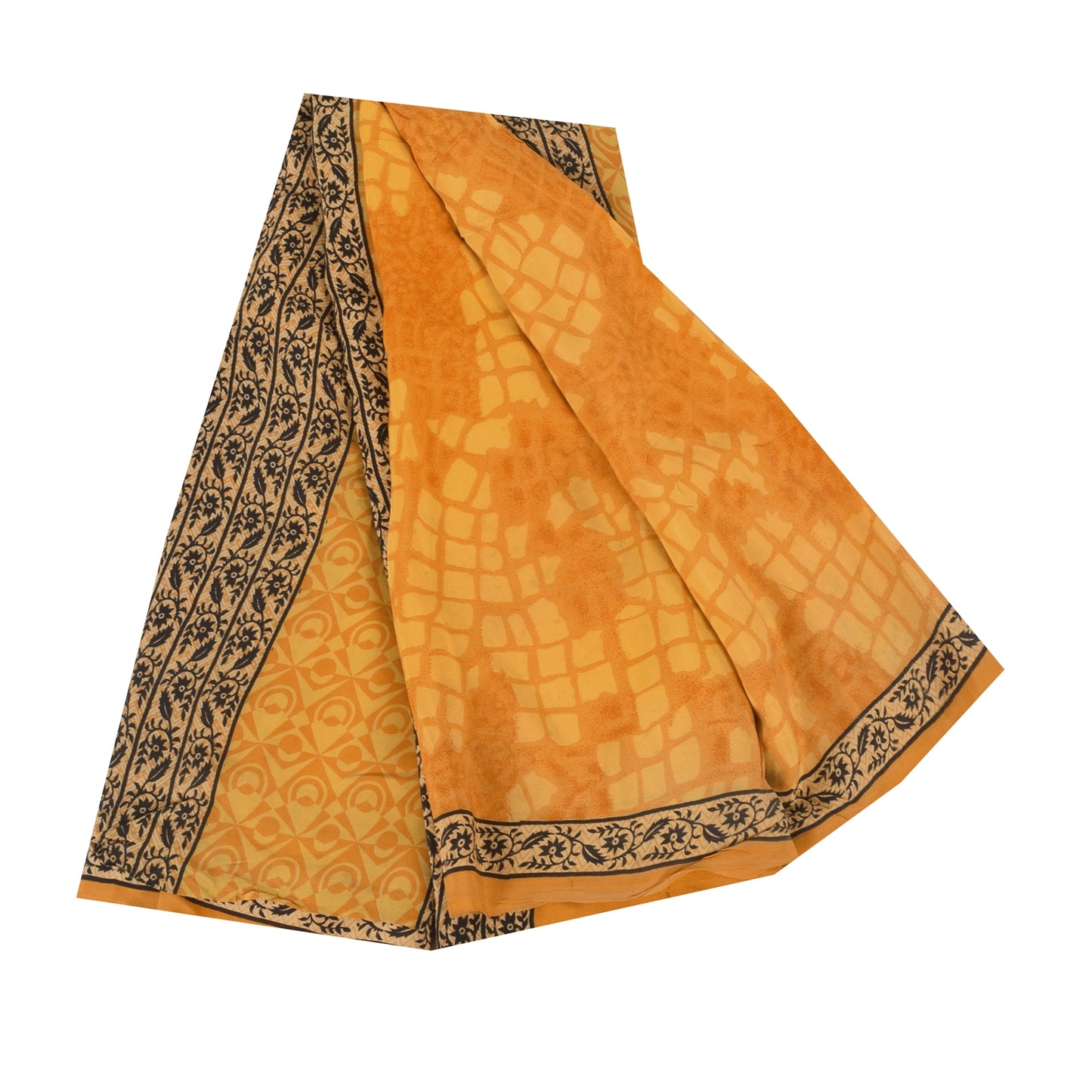 Sanskriti Vintage Sarees Yellow Pure Crepe Silk Printed Sari 5+yd Craft Fabric