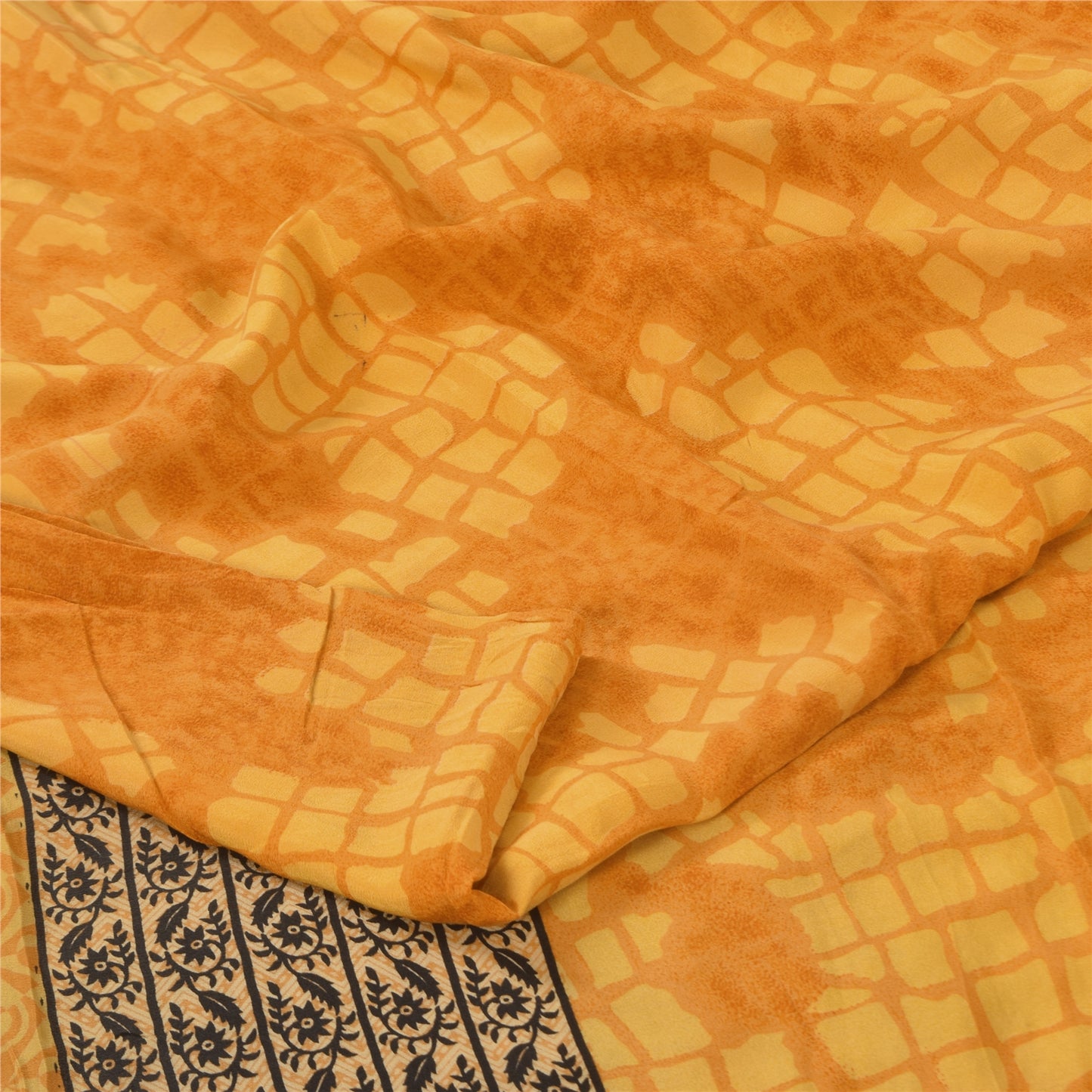 Sanskriti Vintage Sarees Yellow Pure Crepe Silk Printed Sari 5+yd Craft Fabric