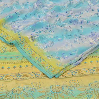 Sanskriti Vintage Sarees Blue/Lemon Pure Crepe Silk Print Sari 5+yd Craft Fabric