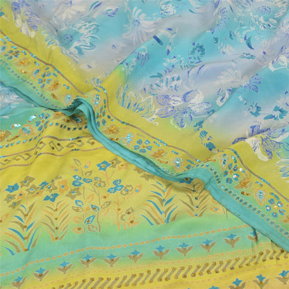 Sanskriti Vintage Sarees Blue/Lemon Pure Crepe Silk Print Sari 5+yd Craft Fabric