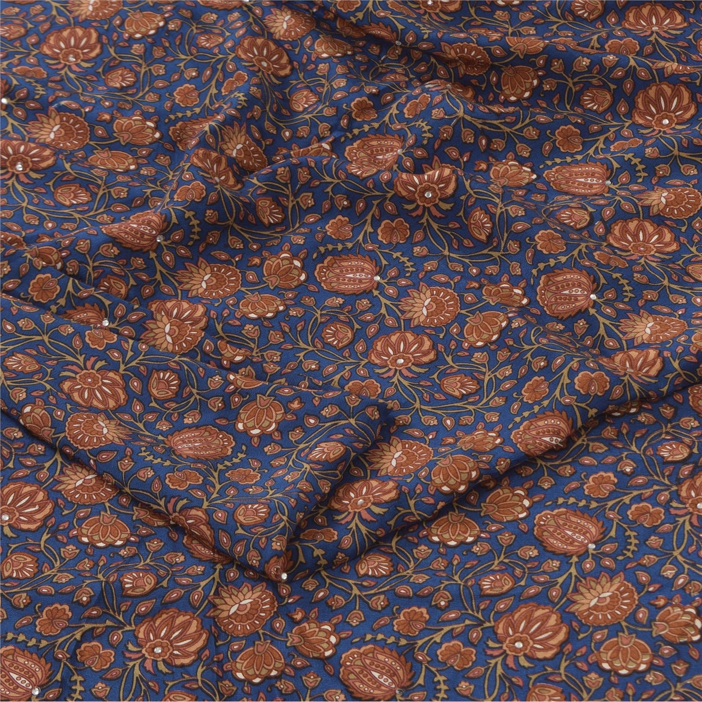 Sanskriti Vintage Sarees Blue Pure Crepe Silk Printed Sari 5+yd Craft Fabric