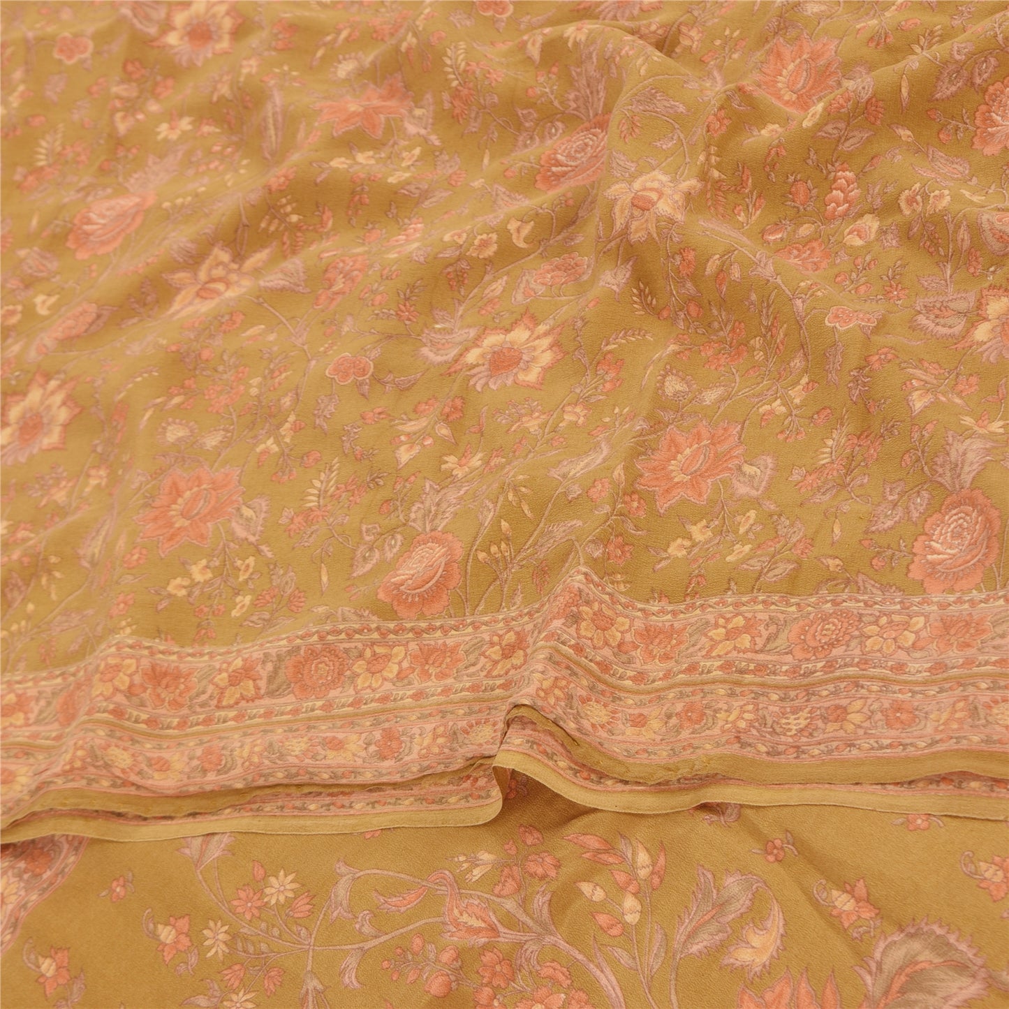 Sanskriti Vintage Sarees Mustard Green Pure Crepe Silk Printed Sari 5+yd Fabric