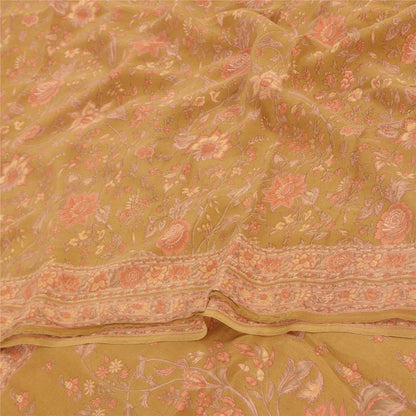 Sanskriti Vintage Sarees Mustard Green Pure Crepe Silk Printed Sari 5+yd Fabric