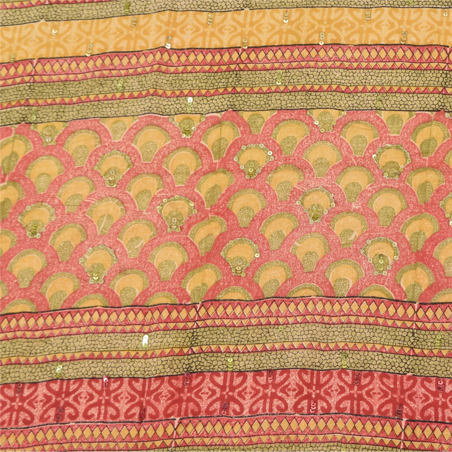 Sanskriti Vintage Sarees Peach Hand Beads Print Pure Crepe Silk Sari 5+yd Fabric