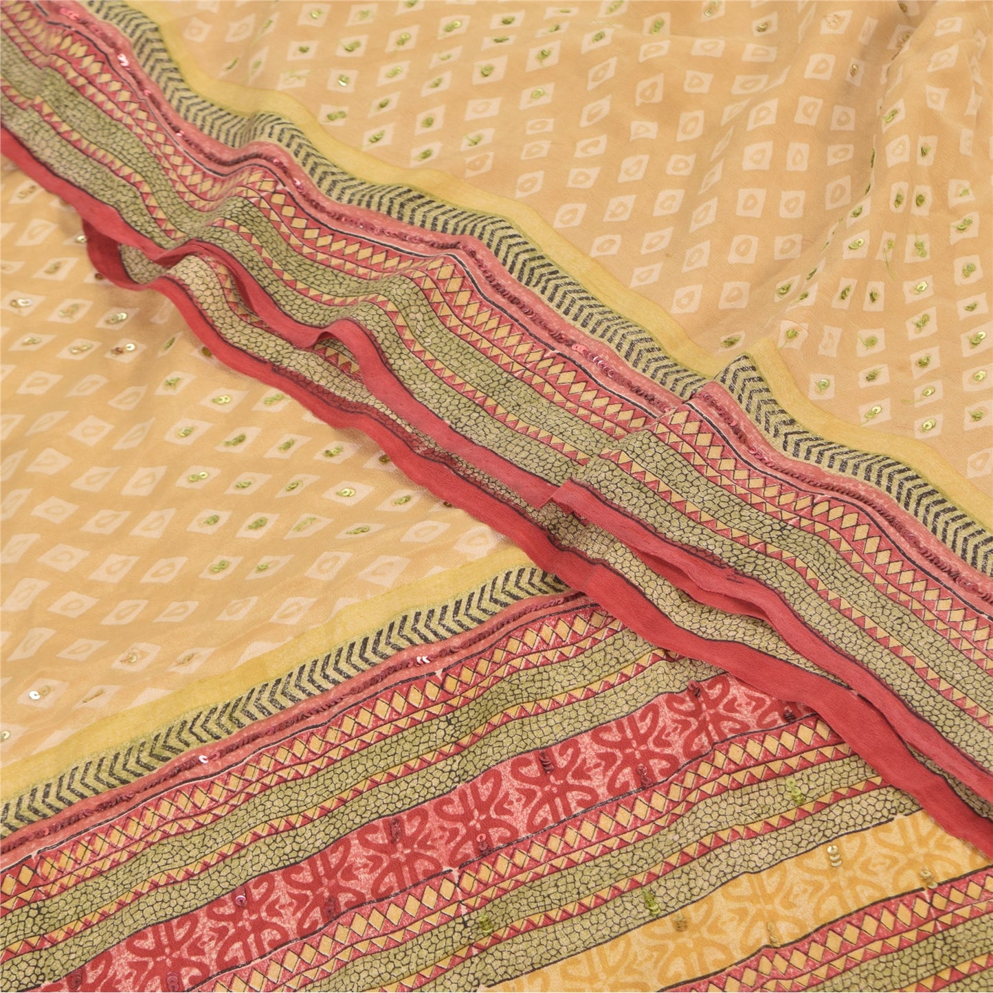 Sanskriti Vintage Sarees Peach Hand Beads Print Pure Crepe Silk Sari 5+yd Fabric