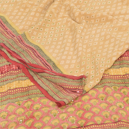 Sanskriti Vintage Sarees Peach Hand Beads Print Pure Crepe Silk Sari 5+yd Fabric