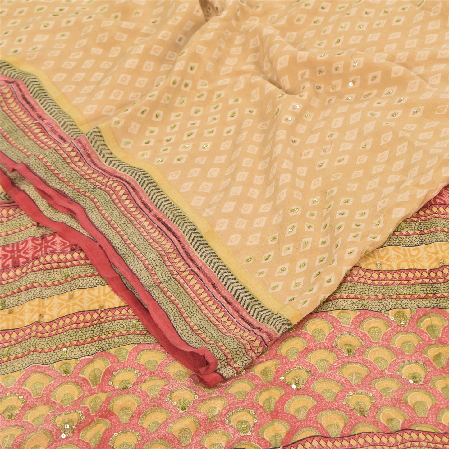 Sanskriti Vintage Sarees Peach Hand Beads Print Pure Crepe Silk Sari 5+yd Fabric