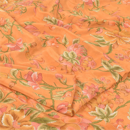 Sanskriti Vintage Sarees Peach Pure Crepe Silk Printed Sari 5+yd Craft Fabric