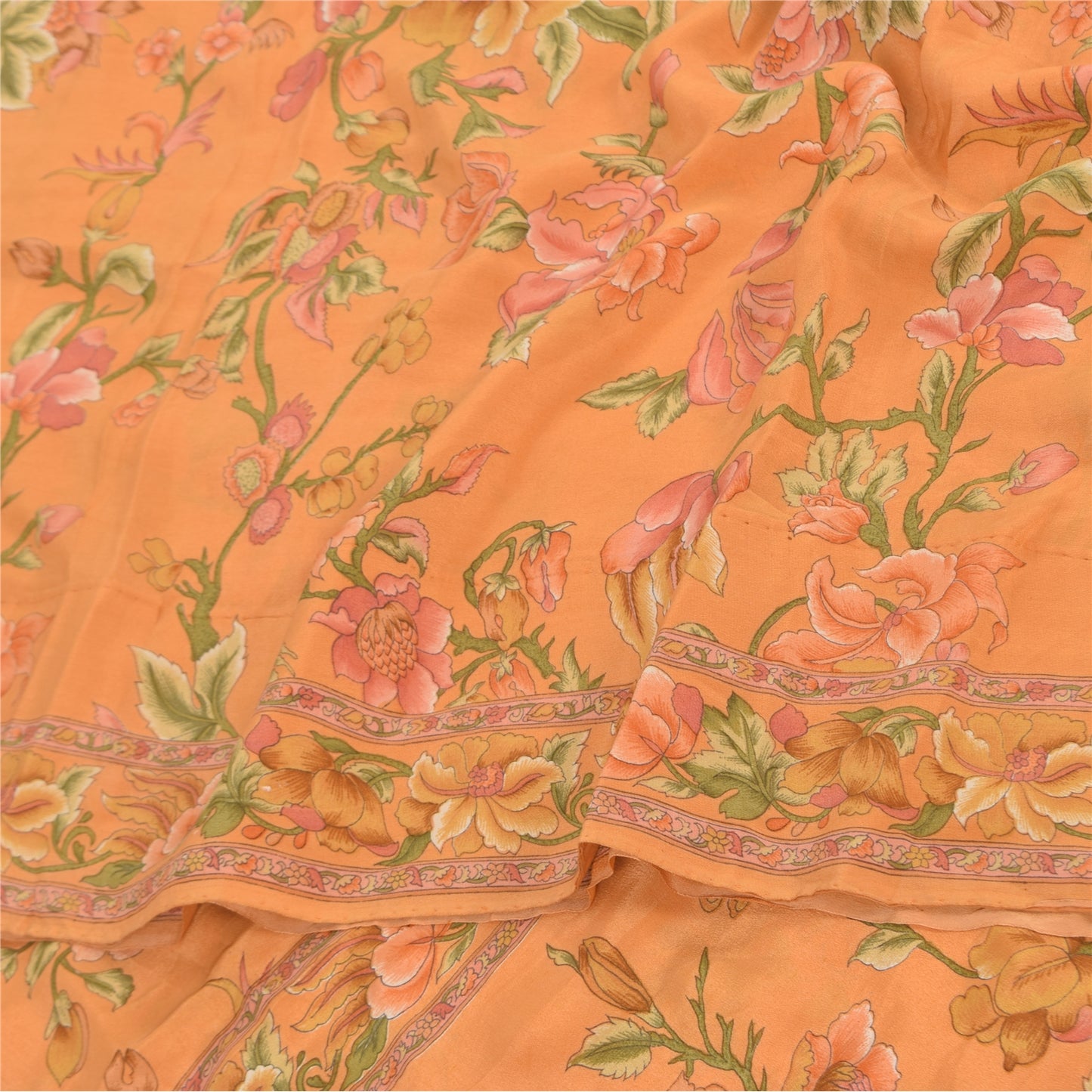 Sanskriti Vintage Sarees Peach Pure Crepe Silk Printed Sari 5+yd Craft Fabric