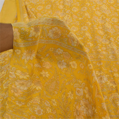 Sanskriti Vintage Sarees Yellow Pure Crepe Silk Printed Sari 5+yd Craft Fabric