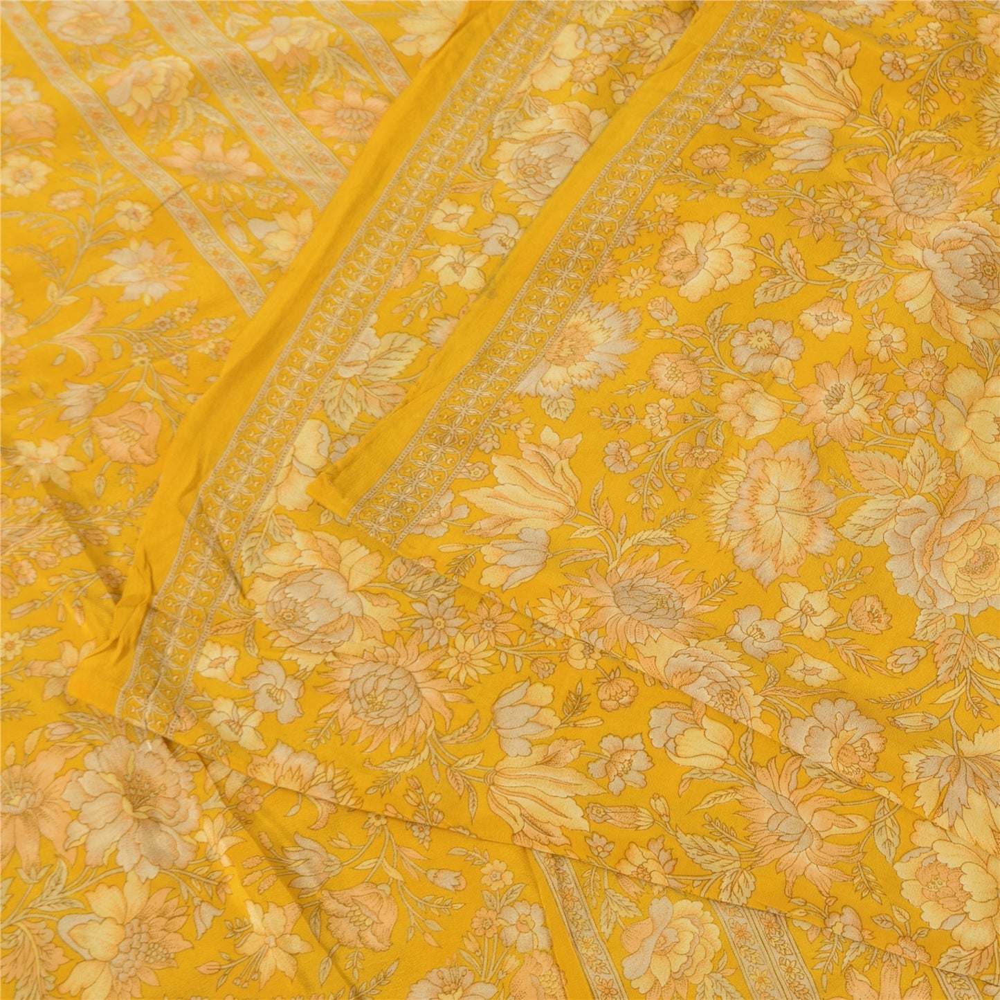 Sanskriti Vintage Sarees Yellow Pure Crepe Silk Printed Sari 5+yd Craft Fabric