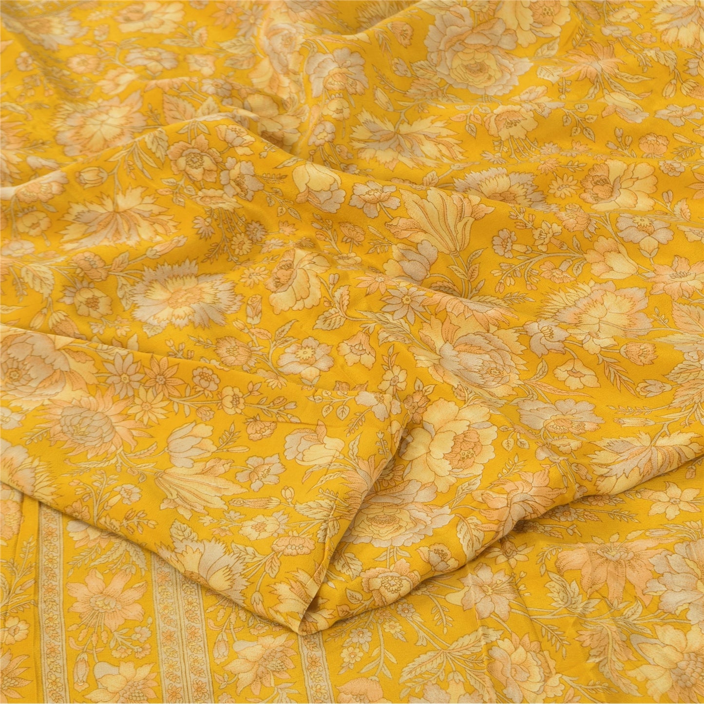 Sanskriti Vintage Sarees Yellow Pure Crepe Silk Printed Sari 5+yd Craft Fabric