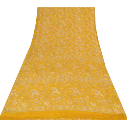 Sanskriti Vintage Sarees Yellow Pure Crepe Silk Printed Sari 5+yd Craft Fabric