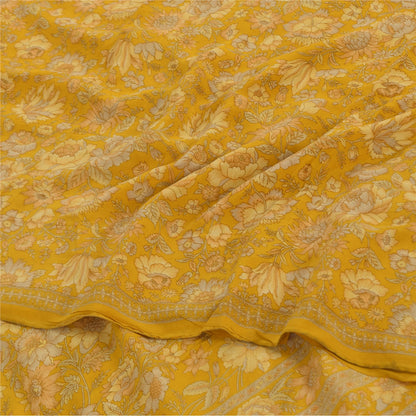 Sanskriti Vintage Sarees Yellow Pure Crepe Silk Printed Sari 5+yd Craft Fabric