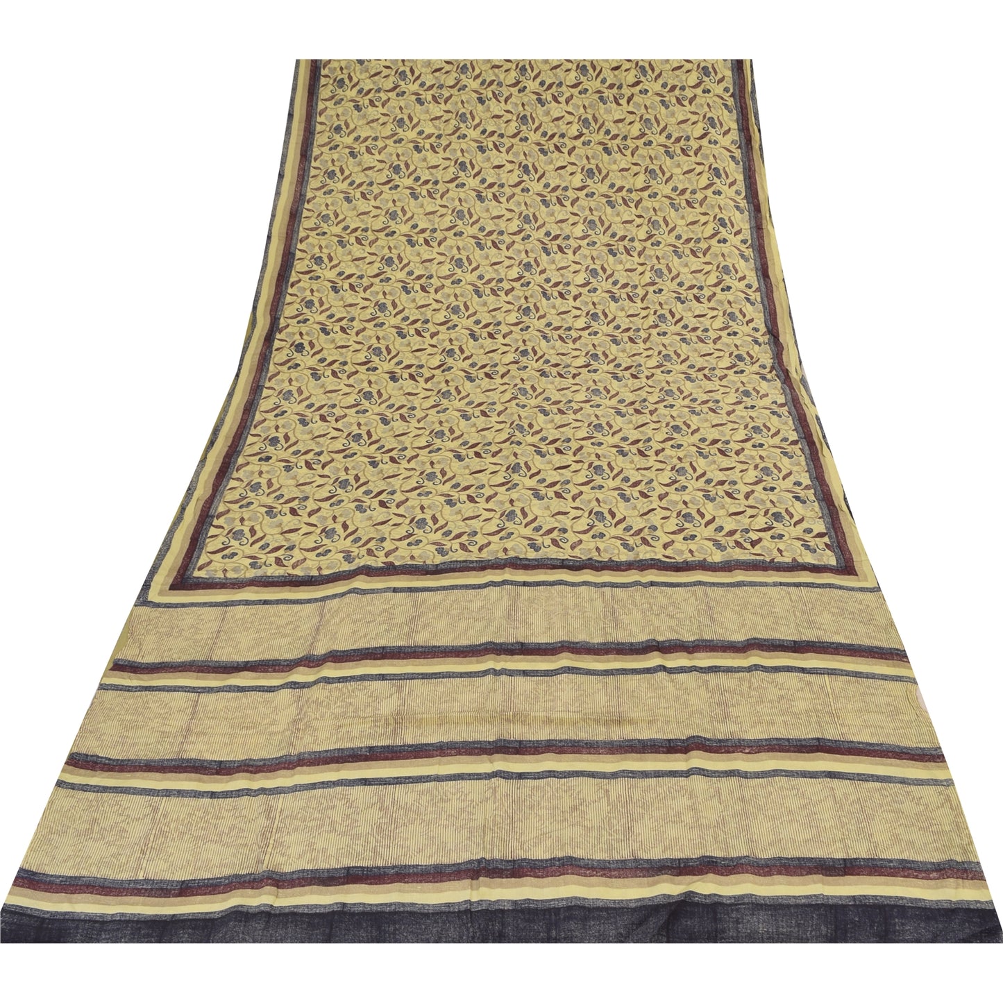 Sanskriti Vintage Sarees Pale Yellow Pure Crepe Printed Sari 5+yd Craft Fabric