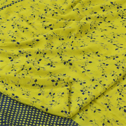 Sanskriti Vintage Sarees Yellow Pure Crepe Silk Printed Sari 5+yd Craft Fabric