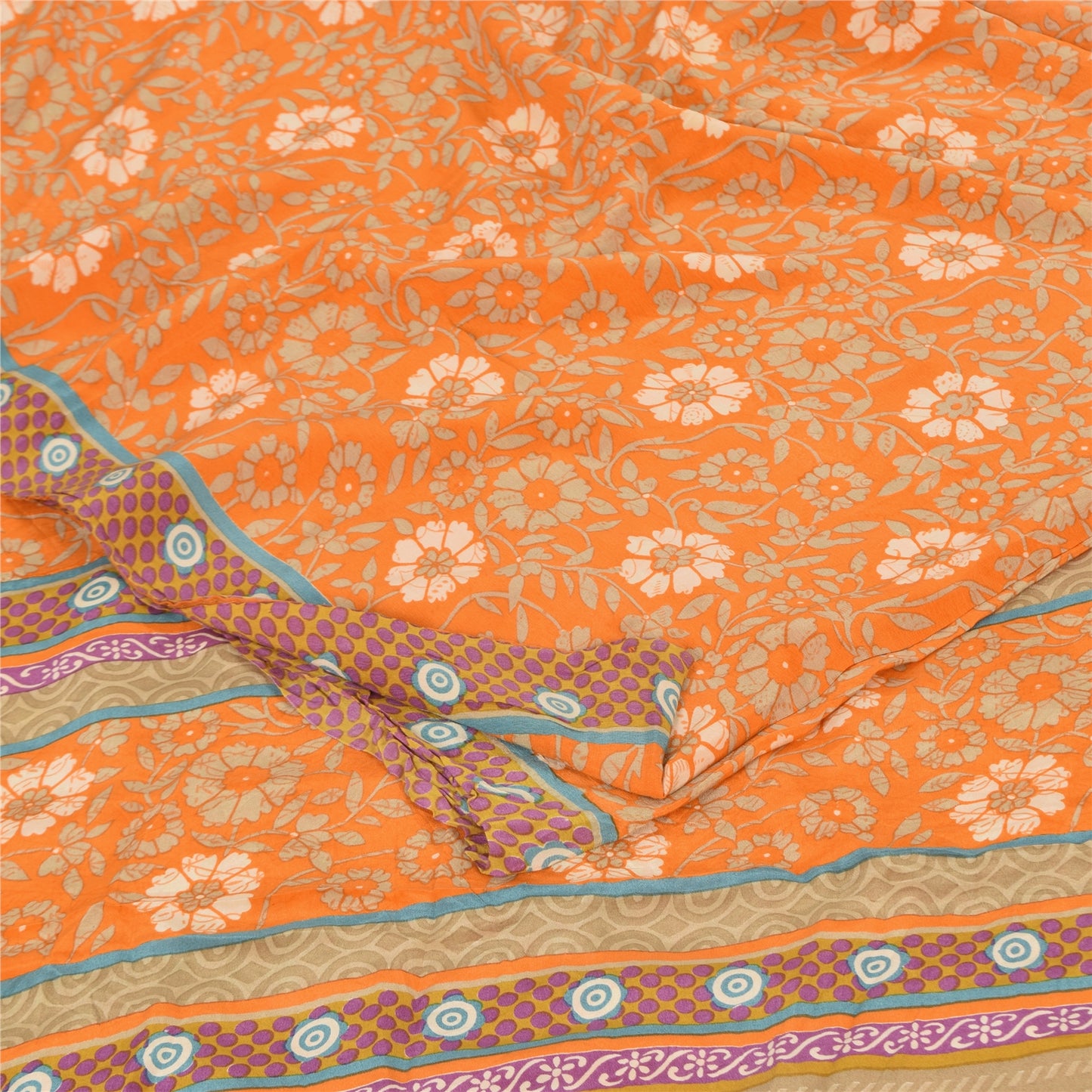 Sanskriti Vintage Sarees Orange Pure Crepe Silk Printed Sari 5+yd Craft Fabric