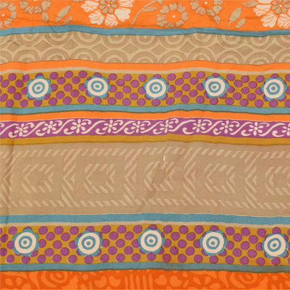 Sanskriti Vintage Sarees Orange Pure Crepe Silk Printed Sari 5+yd Craft Fabric