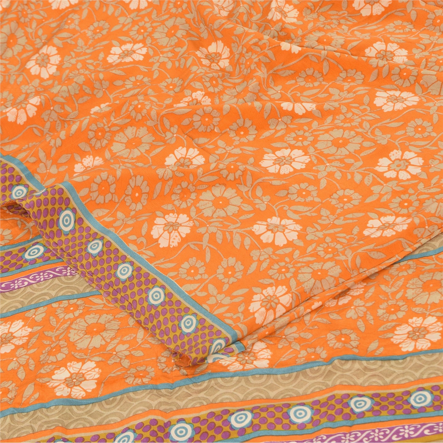 Sanskriti Vintage Sarees Orange Pure Crepe Silk Printed Sari 5+yd Craft Fabric