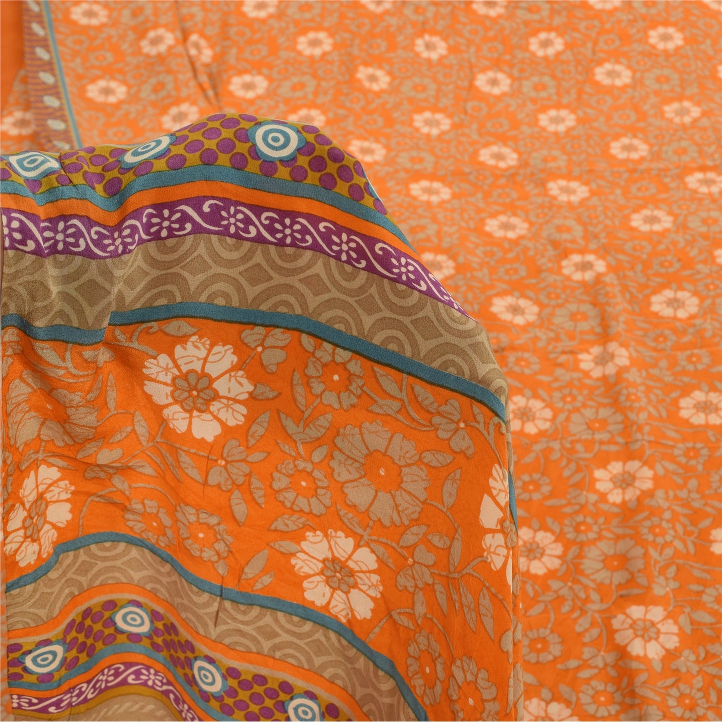 Sanskriti Vintage Sarees Orange Pure Crepe Silk Printed Sari 5+yd Craft Fabric