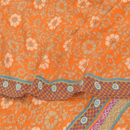 Sanskriti Vintage Sarees Orange Pure Crepe Silk Printed Sari 5+yd Craft Fabric