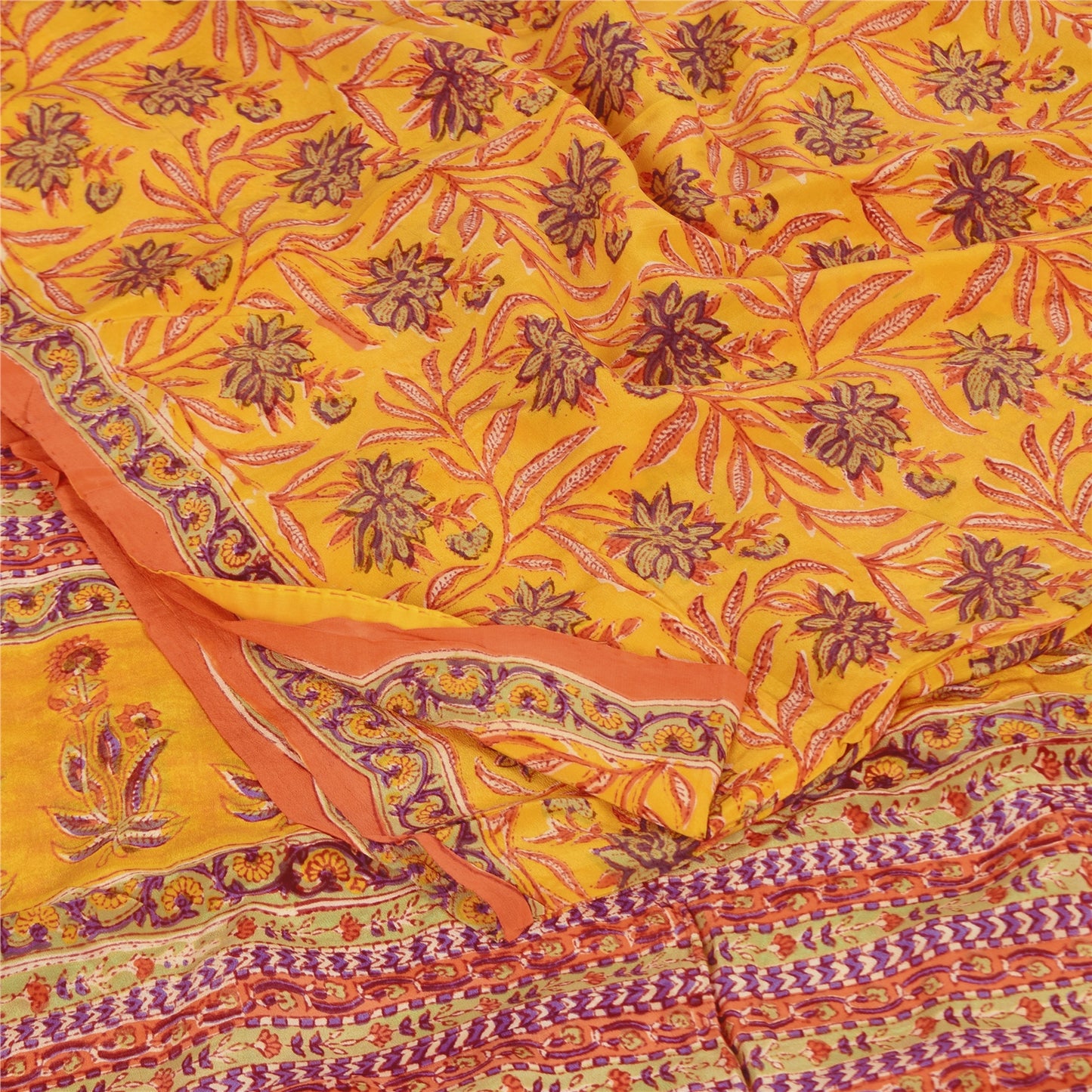 Sanskriti Vintage Sarees Yellow Pure Crepe Silk Printed Sari 5+yd Craft Fabric