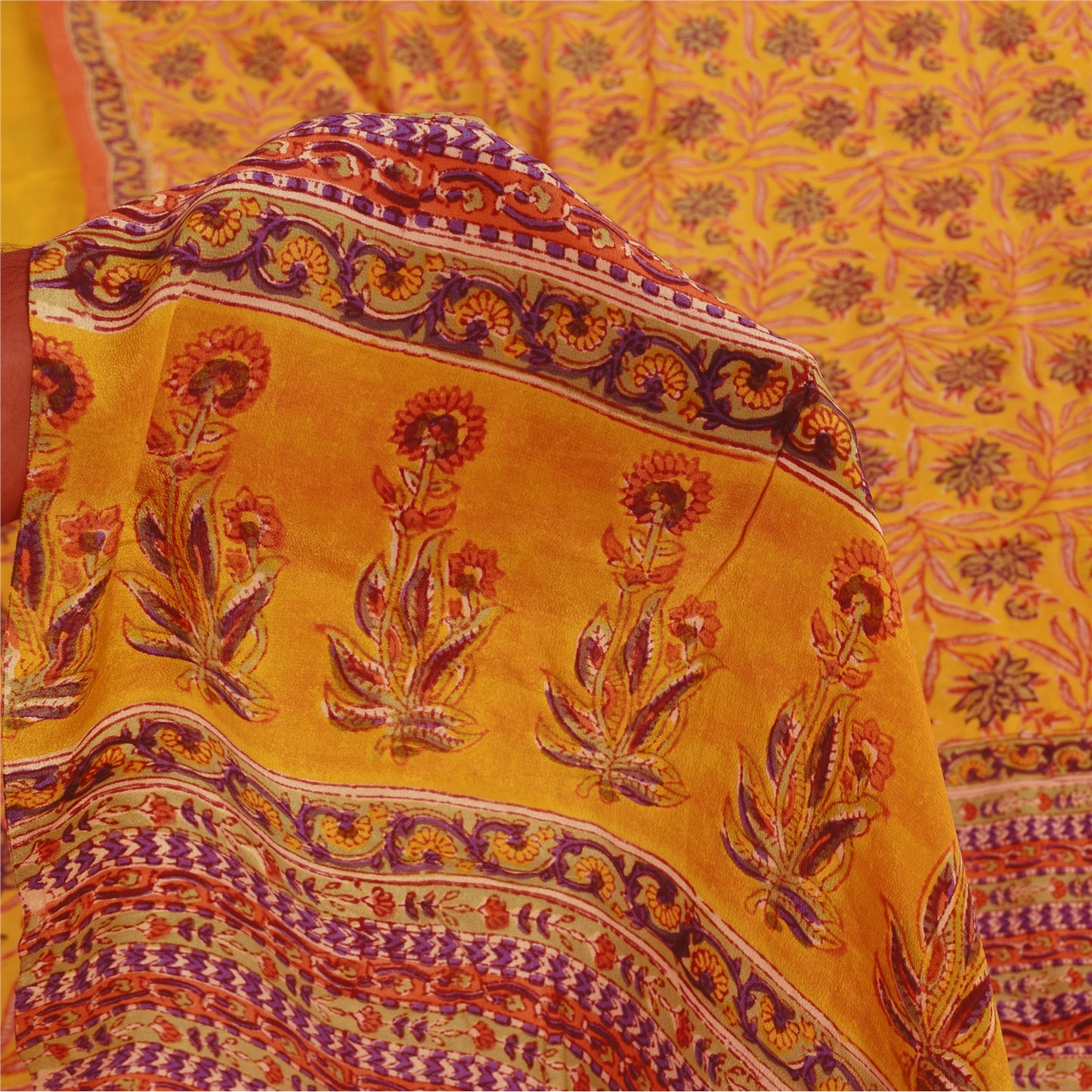 Sanskriti Vintage Sarees Yellow Pure Crepe Silk Printed Sari 5+yd Craft Fabric