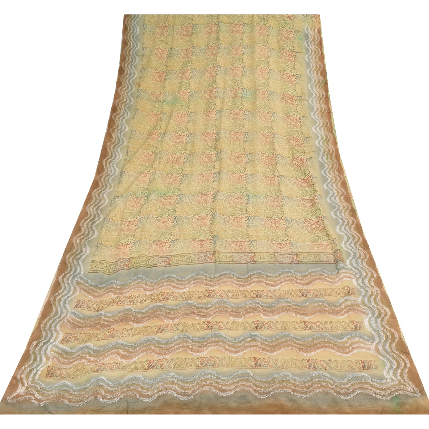 Sanskriti Vintage Sarees Pale Yellow Pure Crepe Printed Sari 5+yd Craft Fabric