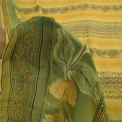 Sanskriti Vintage Sarees Yellow/Green Rhinestone Pure Crepe Printed Sari Fabric