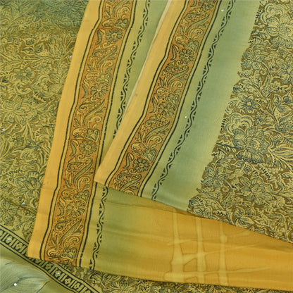 Sanskriti Vintage Sarees Yellow/Green Rhinestone Pure Crepe Printed Sari Fabric