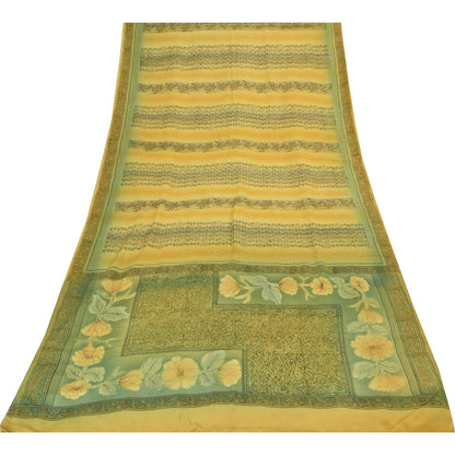 Sanskriti Vintage Sarees Yellow/Green Rhinestone Pure Crepe Printed Sari Fabric