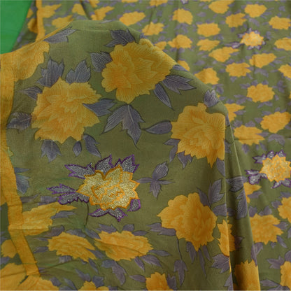 Sanskriti Vintage Sarees Green/Yellow Pure Crepe Printed Sari 5+yd Craft Fabric