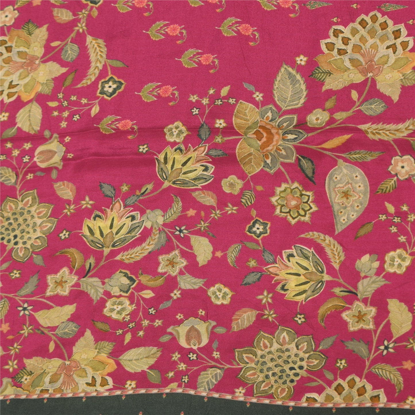 Sanskriti Vintage Sarees Hot Pink Pure Crepe Silk Printed Sari 5+yd Craft Fabric