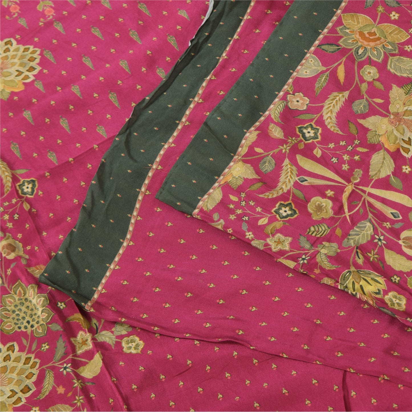 Sanskriti Vintage Sarees Hot Pink Pure Crepe Silk Printed Sari 5+yd Craft Fabric