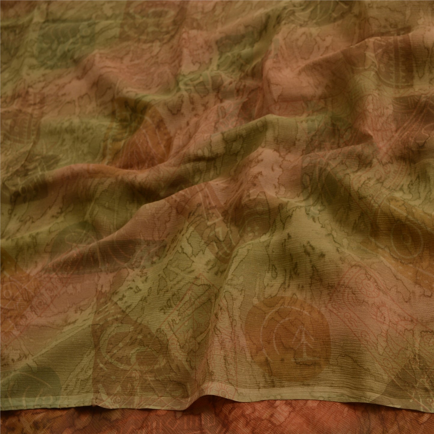 Sanskriti Vintage Sarees Brown/Green Pure Chiffon Printed Sari 5yd Craft Fabric