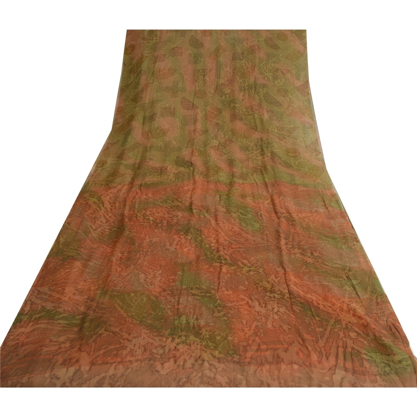 Sanskriti Vintage Sarees Brown/Green Pure Chiffon Printed Sari 5yd Craft Fabric