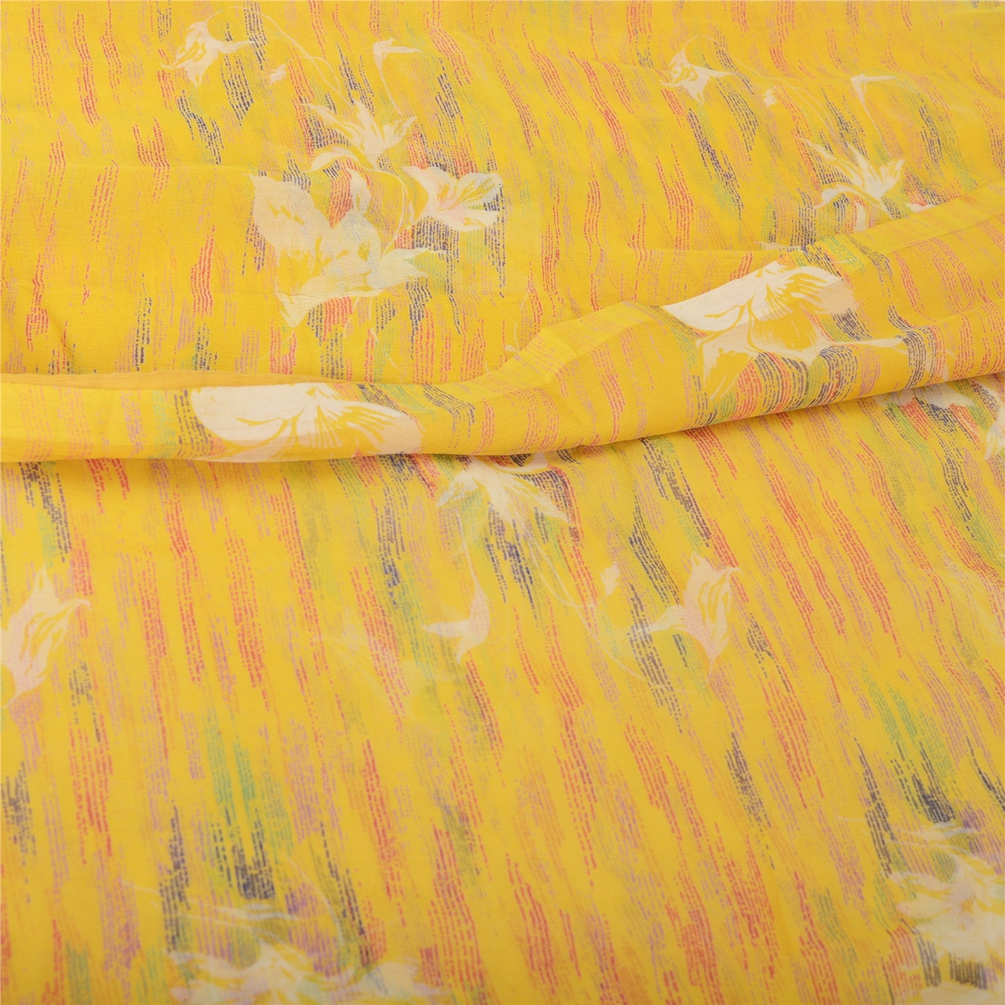 Sanskriti Vintage Sarees Yellow Pure Chiffon Silk Printed Sari Soft Craft Fabric