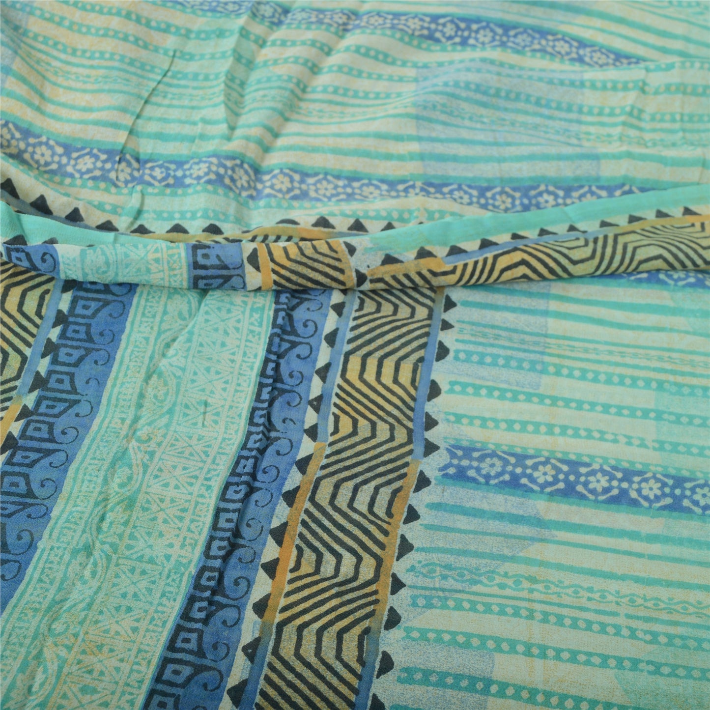 Sanskriti Vintage Sarees Sea-Green Pure Georgette Silk Printed Sari Craft Fabric