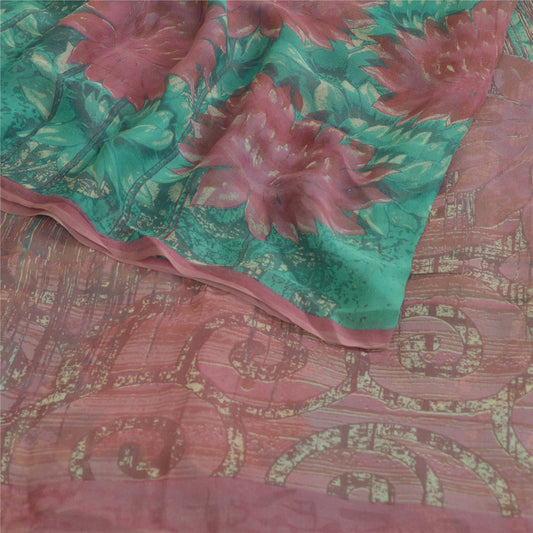 Sanskriti Vintage Sarees Blue/Pink Pure Georgette Silk Print Sari Craft Fabric