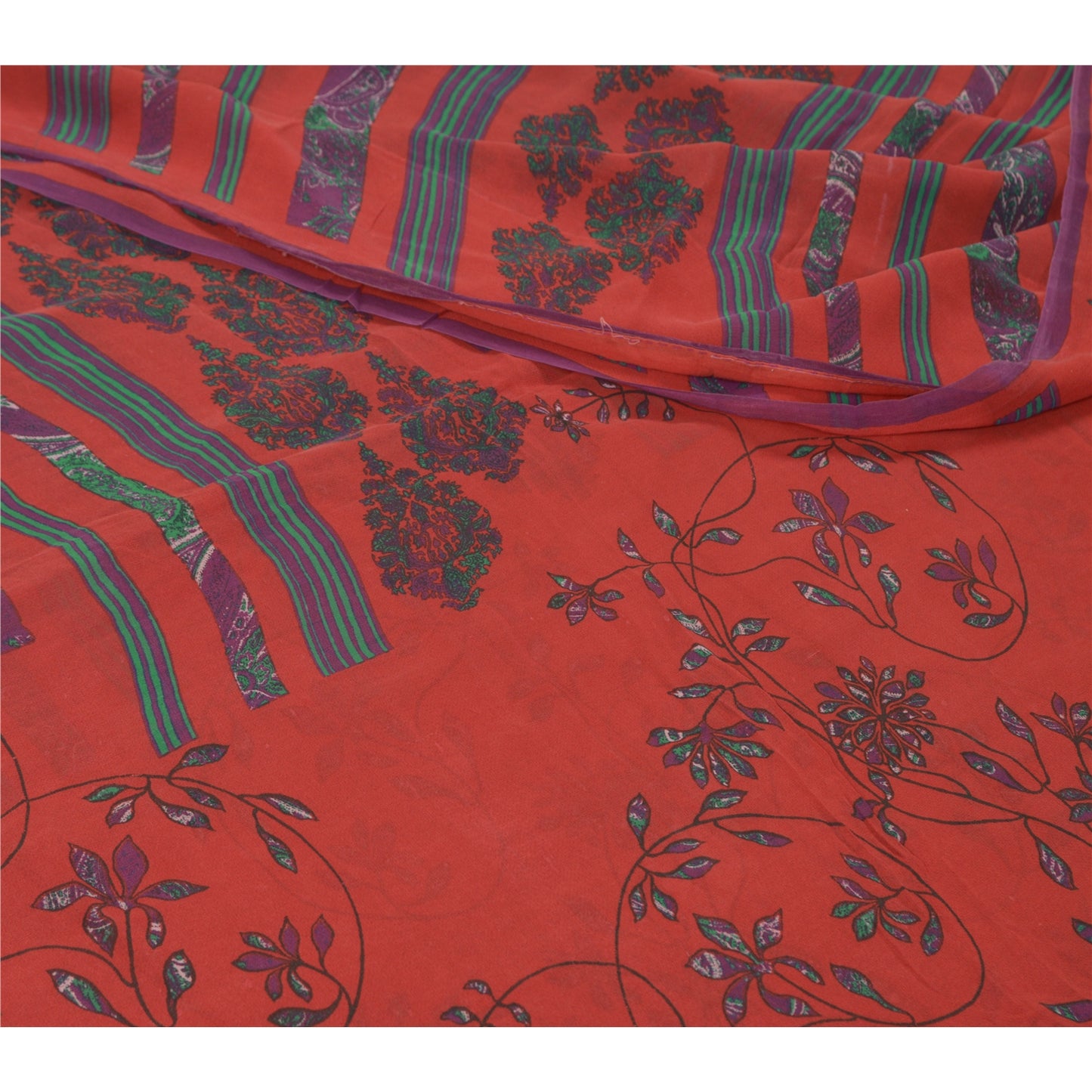 Sanskriti Vintage Sarees Red/Blue Pure Georgette Silk Printed Sari Craft Fabric